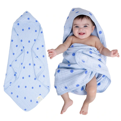 Baby wrapped in a hooded muslin cotton bath towel designed for gentle drying after bath time. The soft, breathable fabric keeps baby warm and comfortable while the hood helps dry the head quickly. Large absorbent towel designed to wrap newborns and infants securely for cozy post-bath care.
Front view of Nintara Baby retail packaging for a muslin hooded towel. The box has a clear window displaying the folded towel inside, brand name at the top, a flower-shaped emblem in the center, and product details below 