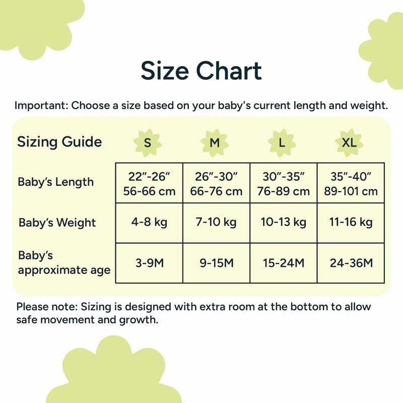 Nintara Baby sleep sack size chart. Size S fits babies 22-26 inches, 4-8 kg, aged 3-9 months. Size M fits 26-30 inches, 7-10 kg, aged 6-12 months. Size L fits 30-35 inches, 10-13 kg, aged 12-18 months. Size XL fits 35-40 inches, 11-16 kg, aged 18-24 months.