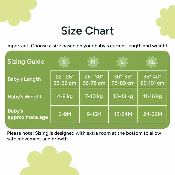 Nintara Baby sleep sack size chart. Size S fits babies 22-26 inches, 4-8 kg, aged 3-9 months. Size M fits 26-30 inches, 7-10 kg, aged 6-12 months. Size L fits 30-35 inches, 10-13 kg, aged 12-18 months. Size XL fits 35-40 inches, 11-16 kg, aged 18-24 months.