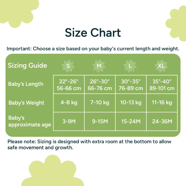 Nintara Baby sleep sack size chart. Size S fits babies 22-26 inches, 4-8 kg, aged 3-9 months. Size M fits 26-30 inches, 7-10 kg, aged 6-12 months. Size L fits 30-35 inches, 10-13 kg, aged 12-18 months. Size XL fits 35-40 inches, 11-16 kg, aged 18-24 months.