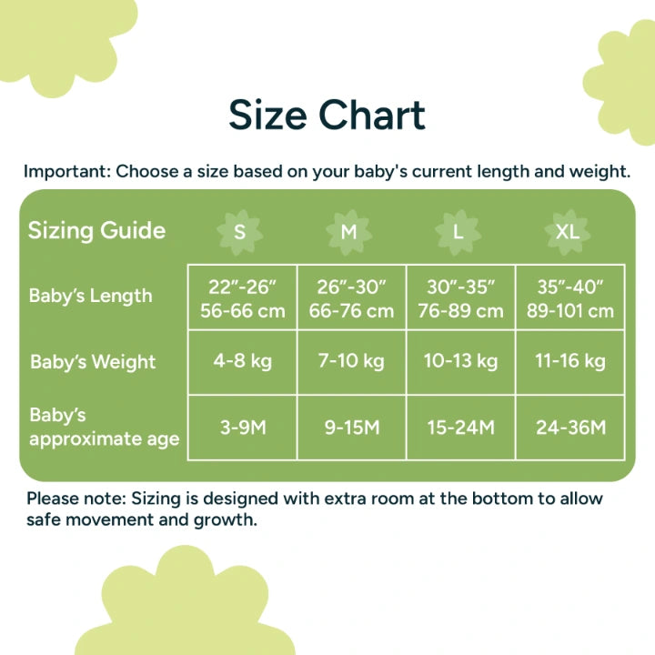 Nintara Baby sleep sack size chart. Size S fits babies 22-26 inches, 4-8 kg, aged 3-9 months. Size M fits 26-30 inches, 7-10 kg, aged 6-12 months. Size L fits 30-35 inches, 10-13 kg, aged 12-18 months. Size XL fits 35-40 inches, 11-16 kg, aged 18-24 months.
