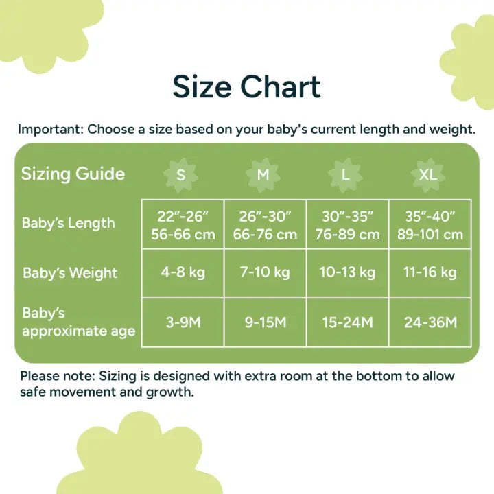 Nintara Baby sleep sack size chart. Size S fits babies 22-26 inches, 4-8 kg, aged 3-9 months. Size M fits 26-30 inches, 7-10 kg, aged 6-12 months. Size L fits 30-35 inches, 10-13 kg, aged 12-18 months. Size XL fits 35-40 inches, 11-16 kg, aged 18-24 months.