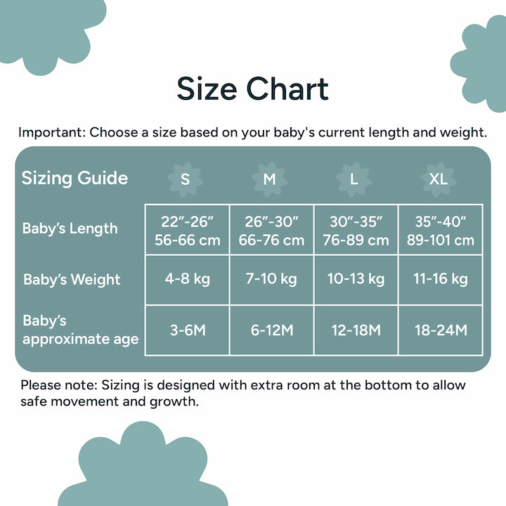 Nintara Baby sleep sack size chart. Size S fits babies 22-26 inches, 4-8 kg, aged 3-6 months. Size M fits 26-30 inches, 7-10 kg, aged 6-12 months. Size L fits 30-35 inches, 10-13 kg, aged 12-18 months. Size XL fits 35-40 inches, 11-16 kg, aged 18-24 months.