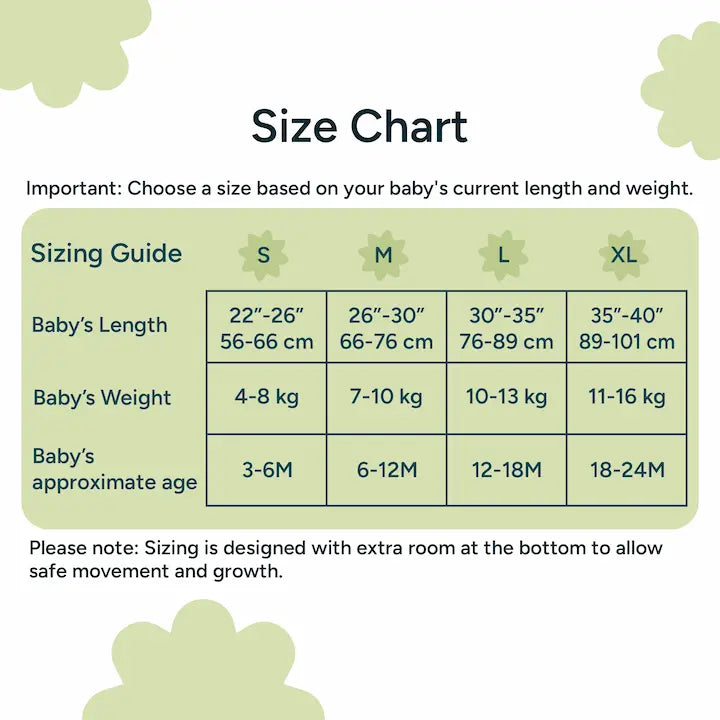 Nintara Baby sleep sack size chart. Size S fits babies 22-26 inches, 4-8 kg, aged 3-6 months. Size M fits 26-30 inches, 7-10 kg, aged 6-12 months. Size L fits 30-35 inches, 10-13 kg, aged 12-18 months. Size XL fits 35-40 inches, 11-16 kg, aged 18-24 months.