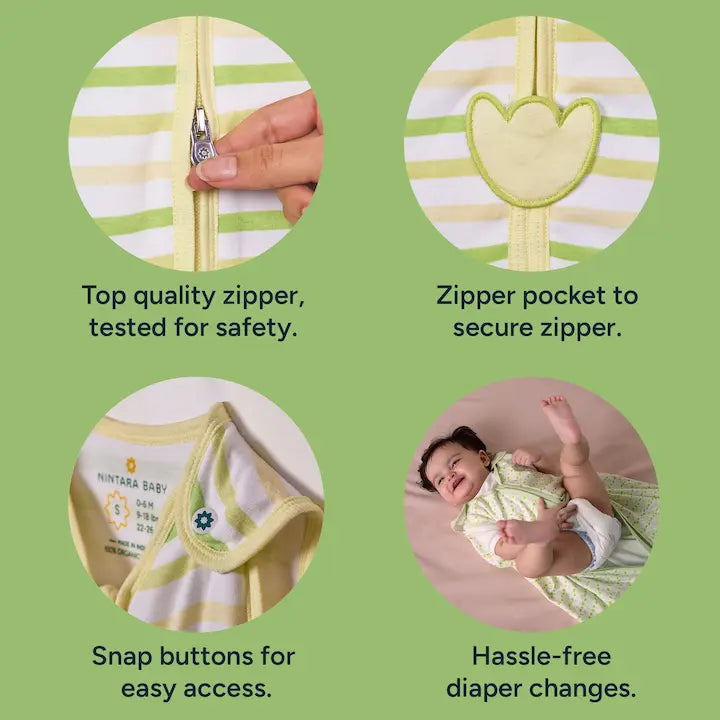 Nintara Baby sleep sack feature highlights: safety-tested top quality zipper, zipper pocket to secure zipper, shoulder snap buttons for easy access, and bottom zip opening for hassle-free diaper changes.