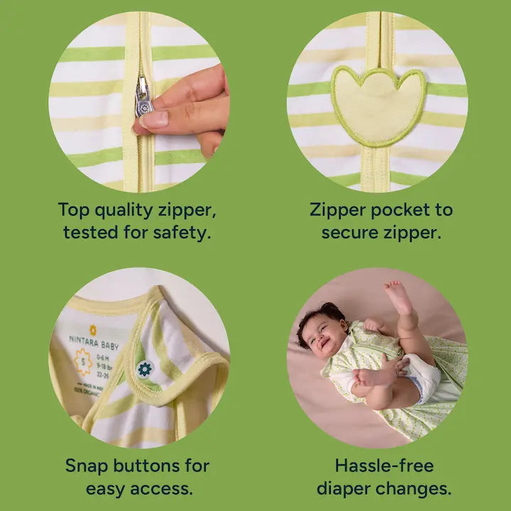 Nintara Baby sleep sack feature highlights: safety-tested top quality zipper, zipper pocket to secure zipper, shoulder snap buttons for easy access, and bottom zip opening for hassle-free diaper changes.