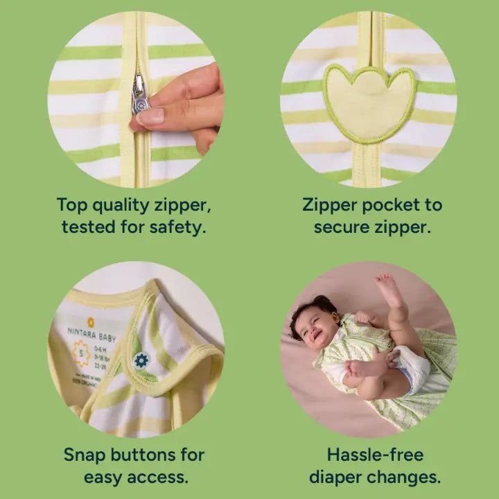 Nintara Baby sleep sack feature highlights: safety-tested top quality zipper, zipper pocket to secure zipper, shoulder snap buttons for easy access, and bottom zip opening for hassle-free diaper changes.