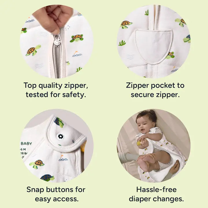 Nintara Baby sleep sack feature highlights: safety-tested top quality zipper, zipper pocket to secure zipper, shoulder snap buttons for easy access, and bottom zip opening for hassle-free diaper changes.