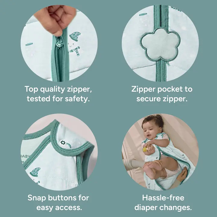 Nintara Baby sleep sack feature highlights: safety-tested top quality zipper, zipper pocket to secure zipper, shoulder snap buttons for easy access, and bottom zip opening for hassle-free diaper changes.