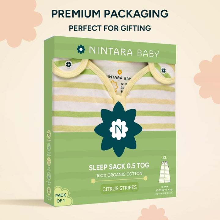 Nintara Baby Sleep Sack 0.5 TOG pack of 1, size XL. Soft yellow gift box packaging showing Soft Sage sleep bag. 100% organic cotton, GOTS certified, soft and breathable, lovingly made in India.