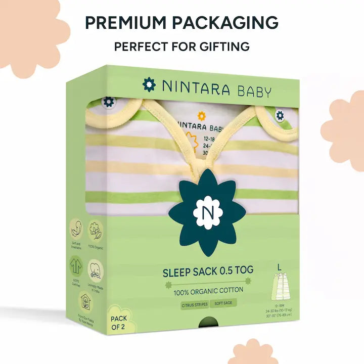 Nintara Baby Sleep Sack 0.5 TOG pack of 2, size L. Green gift box packaging showing Citrus Stripes and Soft Sage sleep bags. 100% organic cotton, GOTS certified, soft and breathable