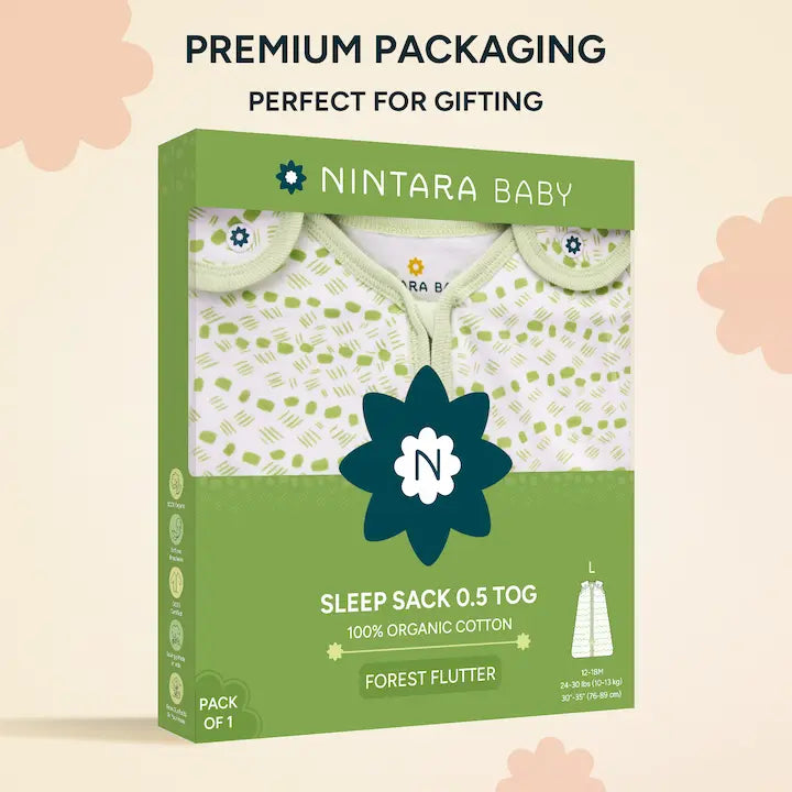 Nintara Baby Sleep Sack 0.5 TOG pack of 1, size L. Green gift box packaging showing Forest Flutter sleep bag. 100% organic cotton, GOTS certified, soft and breathable.