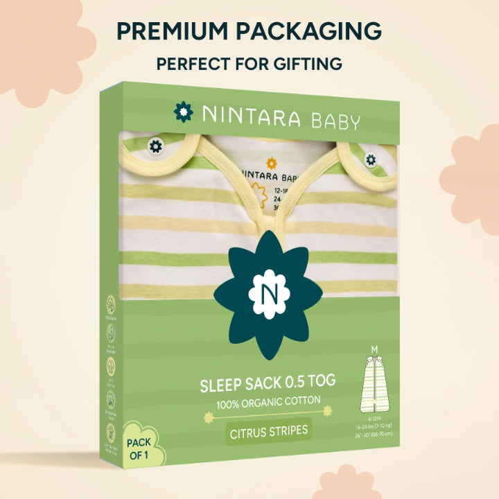 Nintara Baby Sleep Sack 0.5 TOG pack of 1, size M. Soft yellow gift box packaging showing Soft Sage sleep bag. 100% organic cotton, GOTS certified, soft and breathable, lovingly made in India.