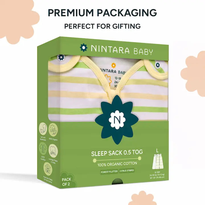 Nintara Baby Sleep Sack 0.5 TOG pack of 2, size L. Green gift box packaging showing Forest Flutter and Citrus Stripes sleep bags. 100% organic cotton, GOTS certified, soft and breathable.