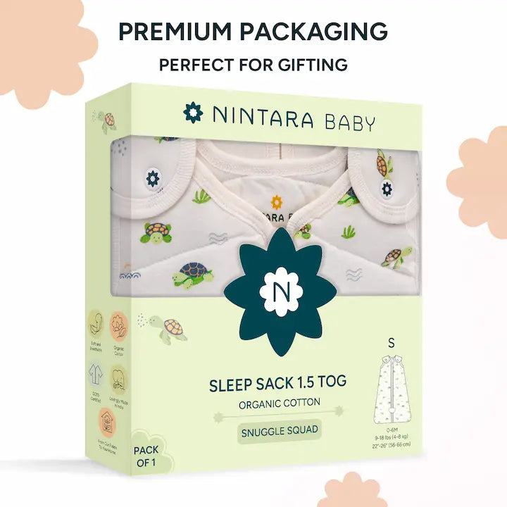 Nintara Baby Sleep Sack 1.5 TOG pack of 1, size S. Teal gift box packaging showing Moonlit Magic sleep bag. Organic cotton, GOTS certified, soft and breathable.