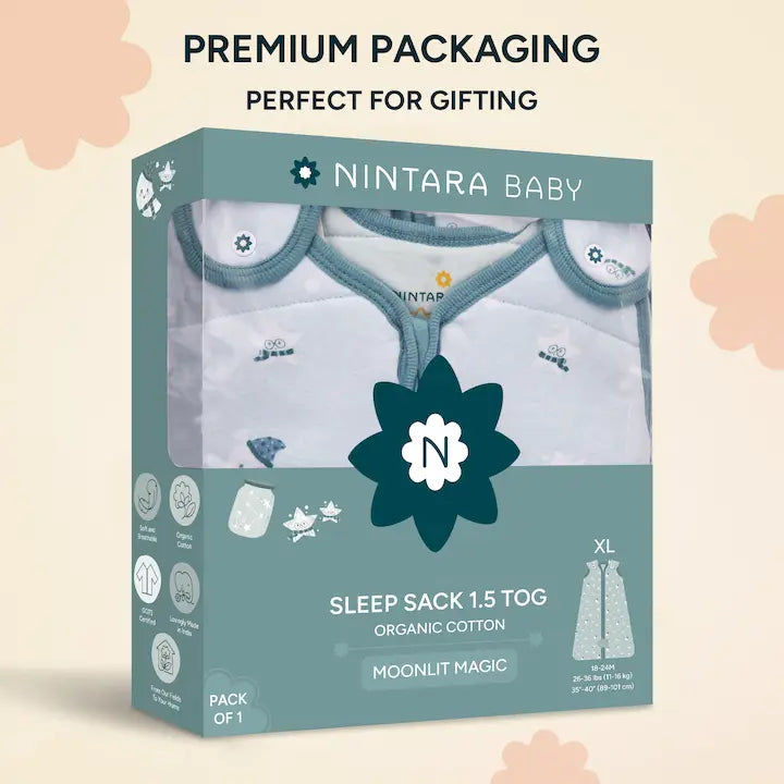 Nintara Baby Sleep Sack 1.5 TOG pack of 1, size XL. Light green gift box packaging showing Snuggle Squad sleep bag. Organic cotton, GOTS certified, soft and breathable.