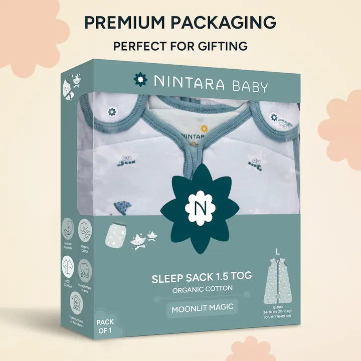 Nintara Baby Sleep Sack 1.5 TOG pack of 1, size L. Light green gift box packaging showing Snuggle Squad sleep bag. Organic cotton, GOTS certified, soft and breathable.