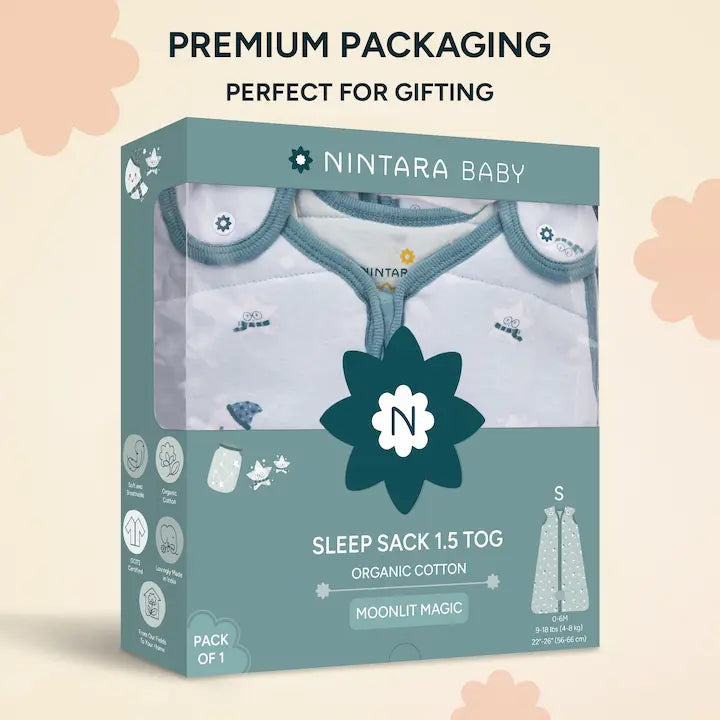 Nintara Baby Sleep Sack 1.5 TOG pack of 1, size S. Light green gift box packaging showing Snuggle Squad sleep bag. Organic cotton, GOTS certified, soft and breathable.
