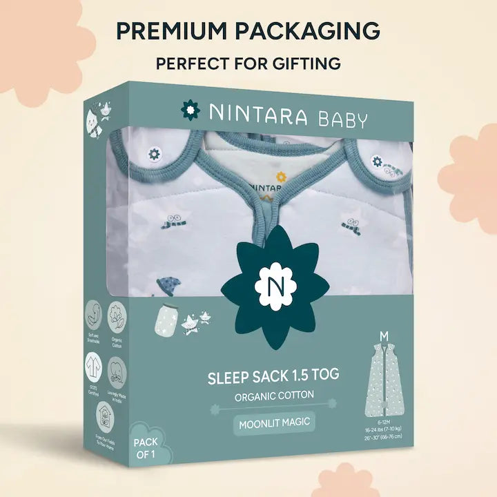 Nintara Baby Sleep Sack 1.5 TOG pack of 1, size M. Light green gift box packaging showing Snuggle Squad sleep bag. Organic cotton, GOTS certified, soft and breathable.