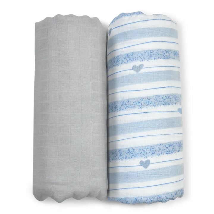 Two rolled baby blankets in light gray and striped with hearts from Baby Swaddle Set