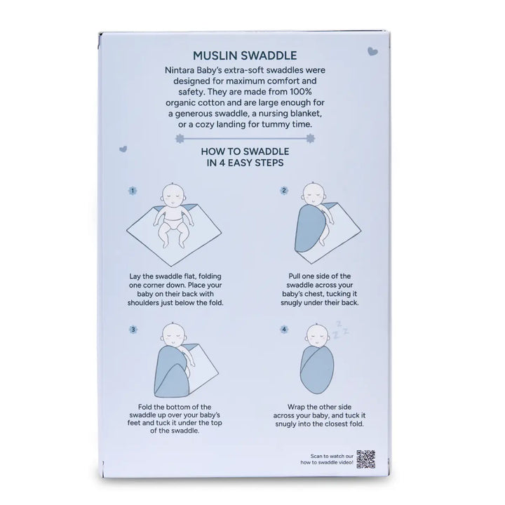 Instructions for swaddling a baby with a muslin wrap from Baby Swaddle Extra Large Set of 2