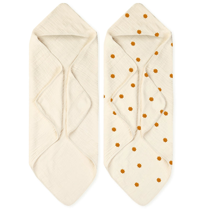 Two hooded baby towels, one plain cream and one with orange star patterns, in Baby Hooded Towel Set of 2