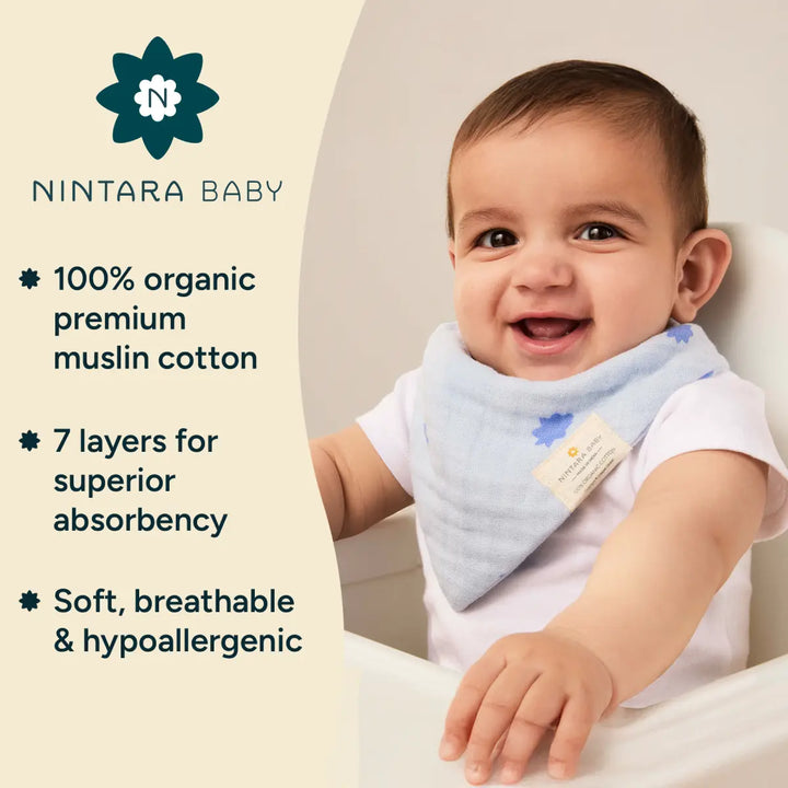 A smiling baby wearing a light blue muslin cotton bib with small blue floral prints sits against a neutral background, leaning on a white surface. The bib is designed in a triangular bandana style and features a fabric tag with the Nintara Baby logo. On the left side of the graphic, the Nintara Baby brand logo and name are displayed above three product highlights in bold text: "100% organic premium muslin cotton,- "7 layers for superior absorbency,- and "Soft, breathable & hypoallergenic.