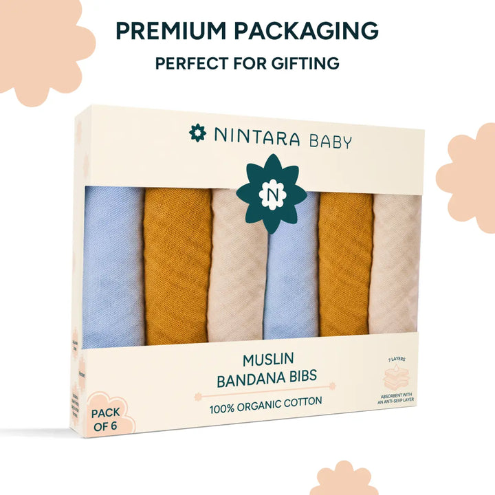 Pack of Nintara Baby Muslin Bandana Bibs with colorful bibs inside on a white background.