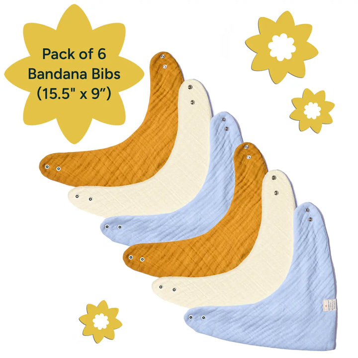 A vibrant, clean display of six soft, muslin cotton bandana bibs arranged in a fan shape. The bibs come in a mix of pastel colors, including mustard yellow, light blue, and pale white, each decorated with subtle patterns like stars, abstract lines, and green dots. Each bib features snap fasteners for easy adjustment and a perfect fit, ideal for babies with sensitive skin. The size of each bib is 15.5&quot; x 9&quot;. A soft yellow flower graphic indicates the pack of six