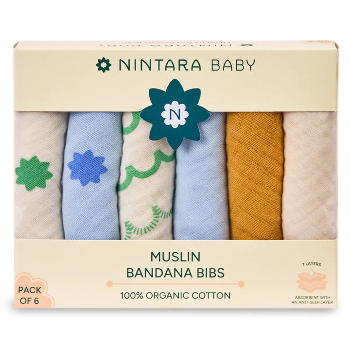 Set of six organic cotton muslin bandana bibs in Fresh Bloom Mega Pack for babies