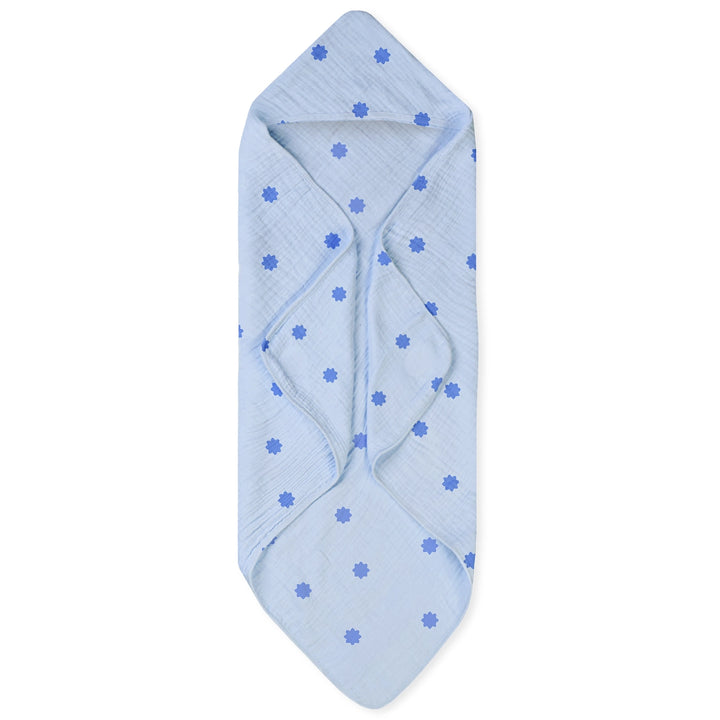 Light blue baby swaddle blanket with purple star patterns from Baby Hooded Towel Blue Stars