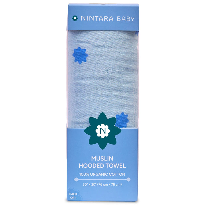 Blue Muslin Hooded Towel in Clear Packaging for Baby Hooded Towel Blue Stars