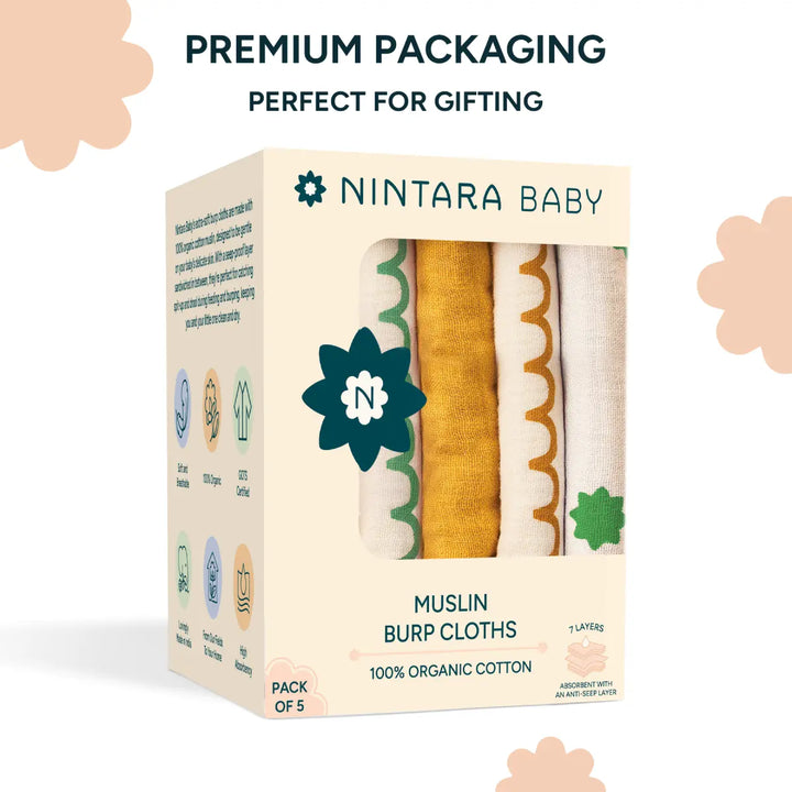 Nintara Baby muslin burp cloths packaging with text 'Premium Packaging Perfect for Gifting'.