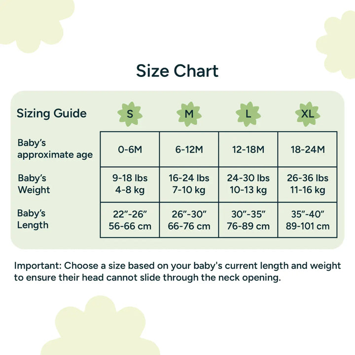 An in-depth sizing chart for Nintara Baby's sleep sack is displayed in a neatly organized table. The chart is divided into four size categories: Small (S), Medium (M), Large (L), and Extra Large (XL). For each size, the chart provides clear guidance on the baby's approximate age, weight range, and length. For example, size Small (S) is recommended for babies aged 0-6 months, weighing 9-18 lbs (4-8 kg), and measuring 22-26 inches (56-66 cm) in length.