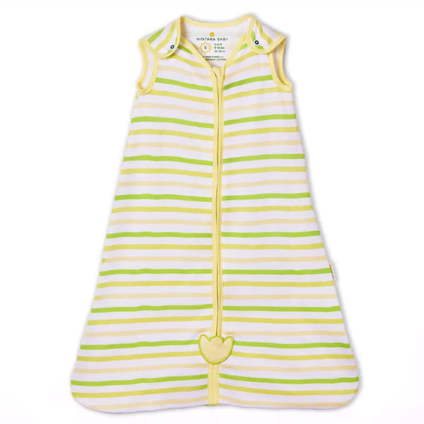 Swatch featuring light green and pale yellow horizontal stripes of varying thickness, offering a soft, subtle pattern ideal for baby products or textiles.