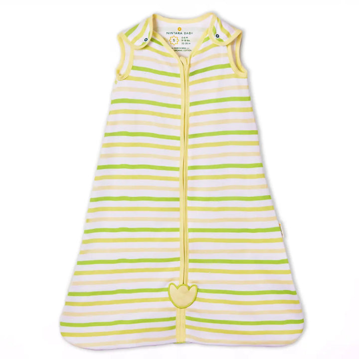 Swatch featuring light green and pale yellow horizontal stripes of varying thickness, offering a soft, subtle pattern ideal for baby products or textiles.