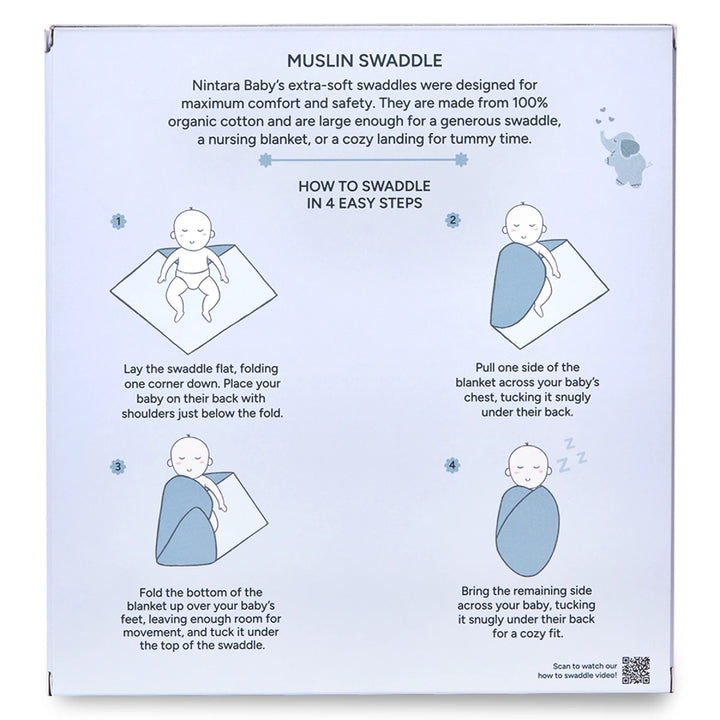 Instructions for swaddling a baby with a muslin blanket from Elephant Hugs Baby Swaddle Set