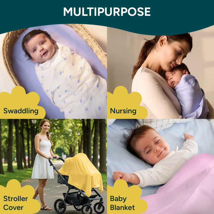 Four versatile uses of the Nintara Baby swaddle are displayed in a grid layout. The top-left image shows a baby swaddled in a soft, pastel-colored swaddle. Below, the swaddle is used as a nursing cover with a mother gently holding her baby. The bottom-left image shows the swaddle covering a stroller to shield the baby from sunlight, while the bottom-right shows a baby sleeping comfortably under the swaddle as a blanket.