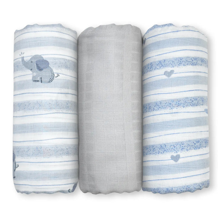 Three rolled baby blankets in blue and white stripes and plain grey for Baby Swaddle Elephant Hugs