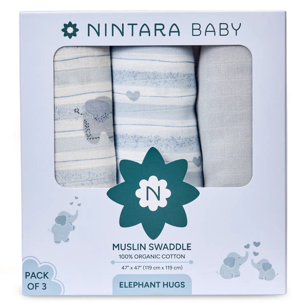 Organic cotton muslin swaddles with elephant and heart patterns in a set of three