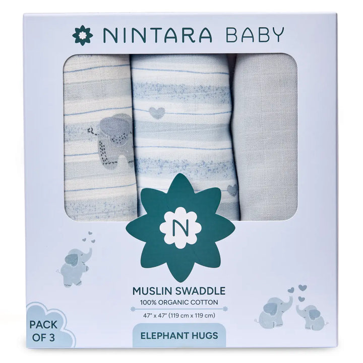 Organic cotton muslin swaddles with elephant and heart patterns in a set of three