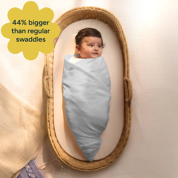 A baby is wrapped in a soft blue swaddle that is visibly 44% larger than regular swaddles. The baby is comfortably lying in a cozy basket, looking relaxed with a slight smile. The image emphasizes the swaddle's extra space and comfort, making it ideal for growing babies.