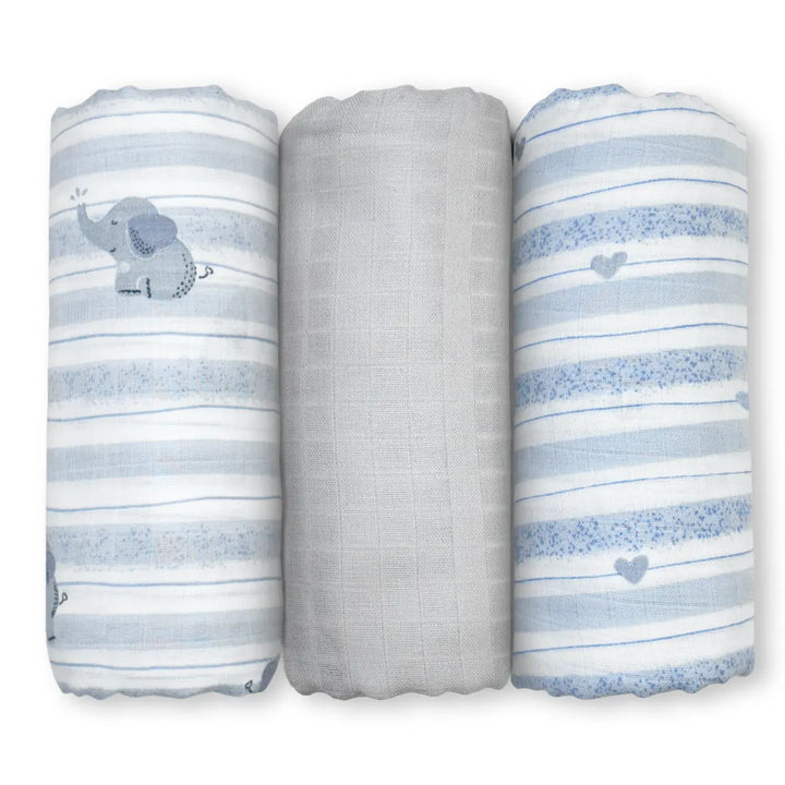 Three rolled baby blankets in blue white and gray for Baby Swaddle Extra-Large Set of 3