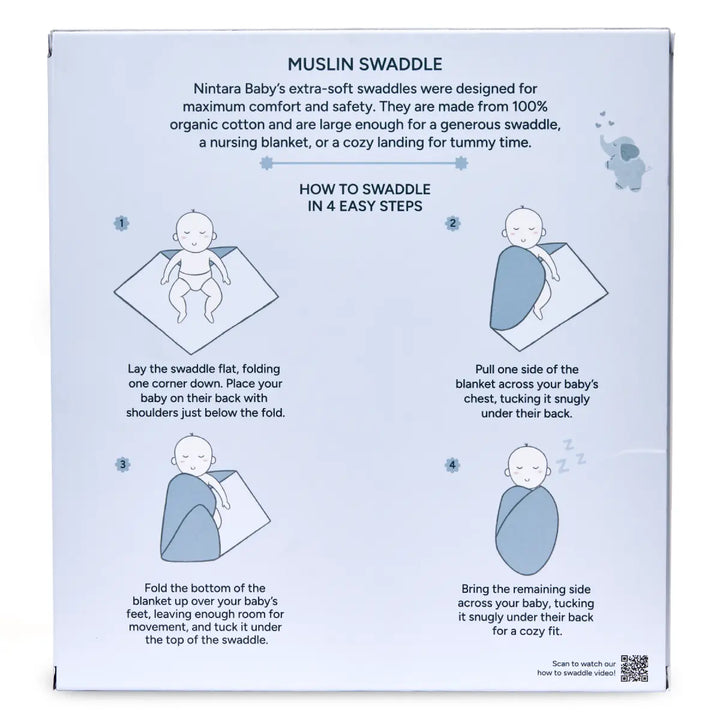 Packaged Muslin Baby Swaddle with Instructions for Elephant Hugs Extra-Large Set of 3