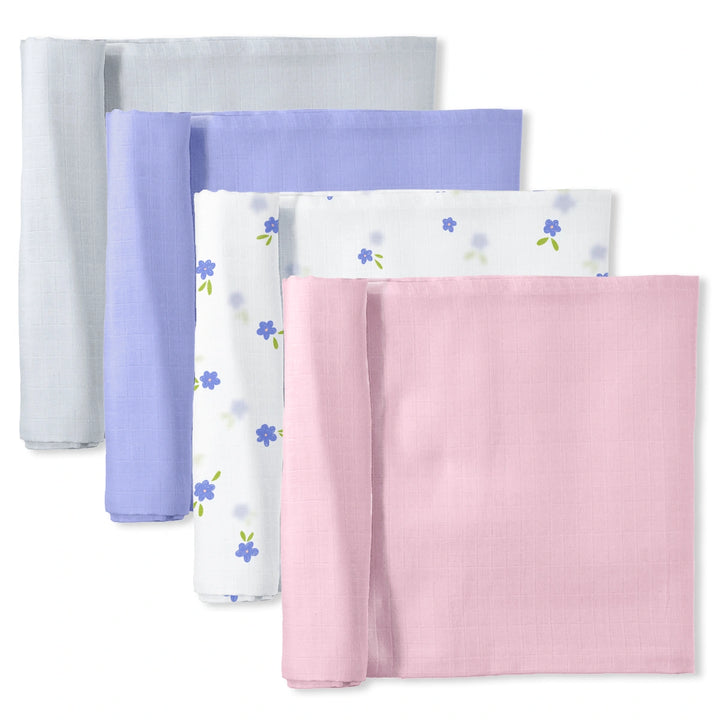 Five colorful folded baby swaddle blankets with floral patterns in a Baby Swaddle Set