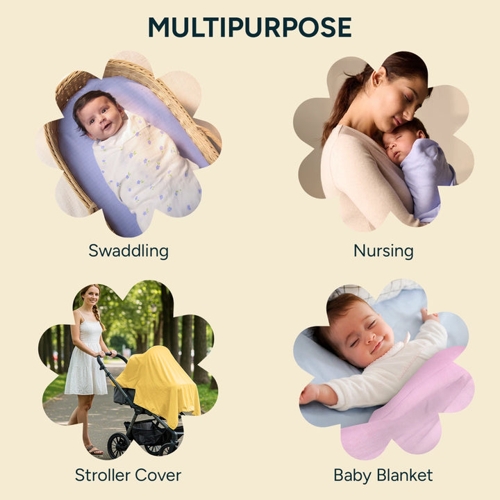 A soft, pastel-colored layout showing multiple uses of a versatile baby blanket, labeled "Multipurpose. - The first section displays a peaceful baby wrapped in a swaddle, highlighting the blanket's comfort and perfect fit for newborns. In the second section, a mother gently holds her baby, showcasing the blanket's use for nursing, offering warmth and security.