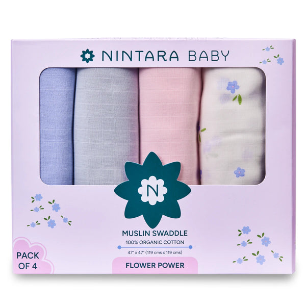 Pack of four organic cotton muslin baby swaddles in colorful floral patterns