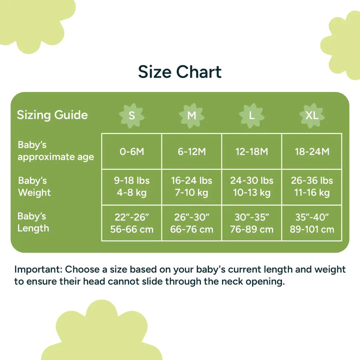An in-depth sizing chart for Nintara Baby's sleep sack is displayed in a neatly organized table. The chart is divided into four size categories: Small (S), Medium (M), Large (L), and Extra Large (XL). For each size, the chart provides clear guidance on the baby's approximate age, weight range, and length. For example, size Small (S) is recommended for babies aged 0-6 months, weighing 9-18 lbs (4-8 kg), and measuring 22-26 inches (56-66 cm) in length.