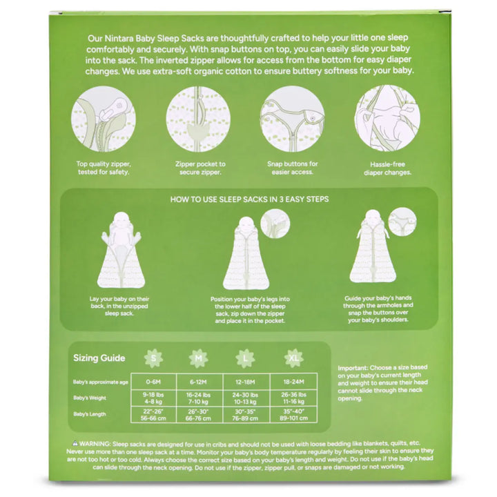 This image showcases the various features of the Nintara Baby Sleep Sacks. These steps guide parents on how to position the baby, zip the sack, and secure the arms through the armholes. A sizing guide is also included, showing the appropriate sizes for different age groups, weights, and lengths, helping parents choose the right fit for their baby. A cautionary note highlights the importance of selecting the right size based on the baby's body size to ensure safety and comfort.