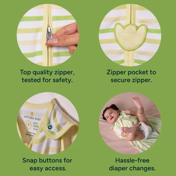 This image shows close-up views of the sleep sack's top quality zipper, zipper pocket, snap buttons, and the easy diaper change feature. One close-up highlights the smooth zipper mechanism, secured by a cute zipper pocket with a flower shape. Another shows the snap buttons for easy access, emphasizing the product's safety-tested zipper and user-friendly design. These elements ensure the sleep sack is practical and safe for both parents and babies.